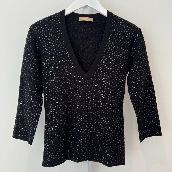 MICHAEL KORS COLLECTION BLACK SEQUINS V-KNECK SWEATER SIZE S NWOTS! - Picture 1 of 13
